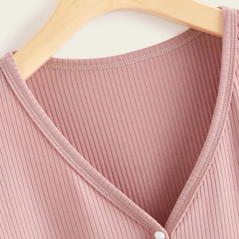 Pink Ribbed Button down Crop Top - Picture 8 of 9